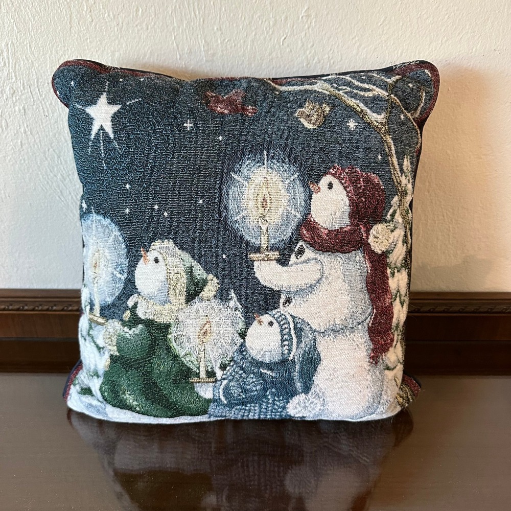 Vintage Woven Tapestry Snowman Christmas Throw Pillow Snowflake 15x15